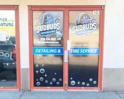 Sud buds window vinyl on door